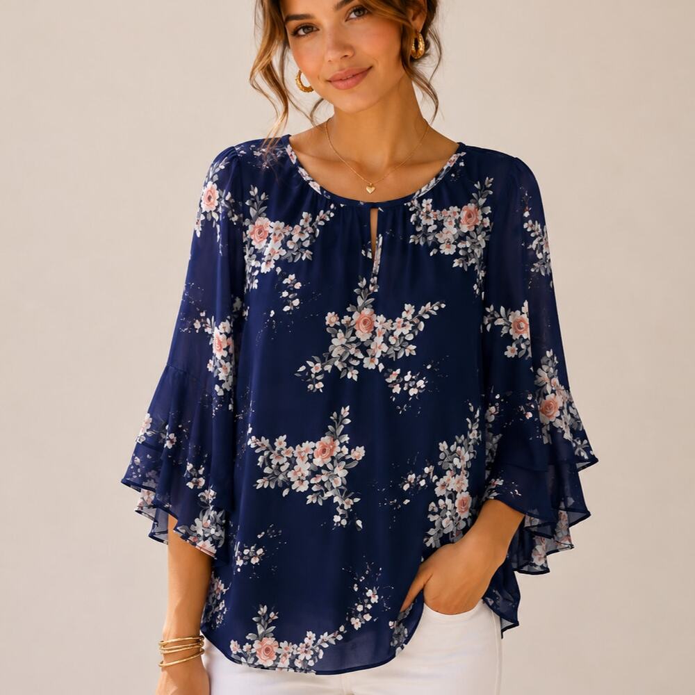 Bloomchic Blouse Women's Size 22/24 Navy Floral  Tab Sleeve Boho Cottage Casual